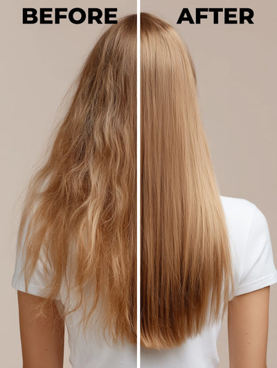 Before and after transformation showing dry, frizzy hair restored to smooth, sleek, and silky strands with enhanced shine using Arove Illuminous Hair Oil.