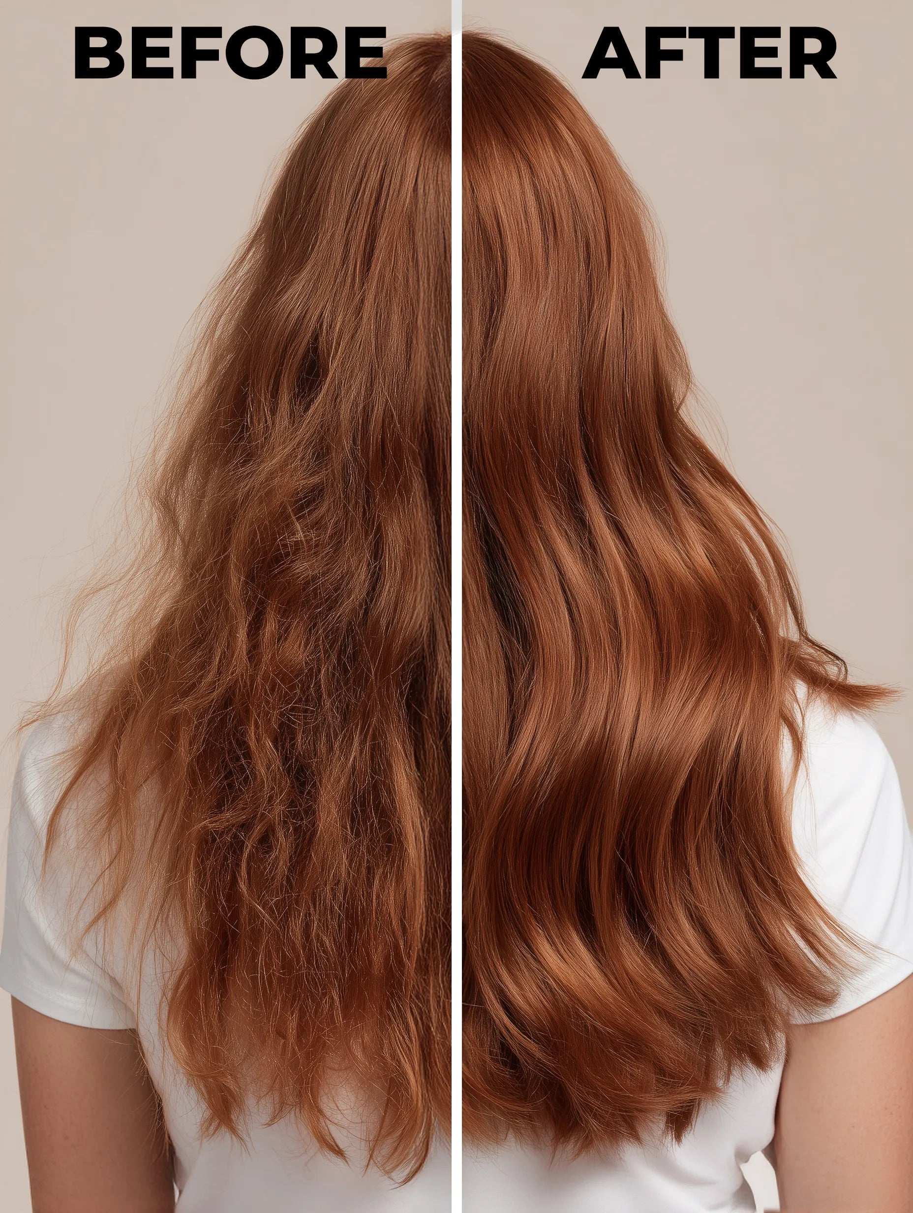 Before and after hair transformation on a beige backdrop