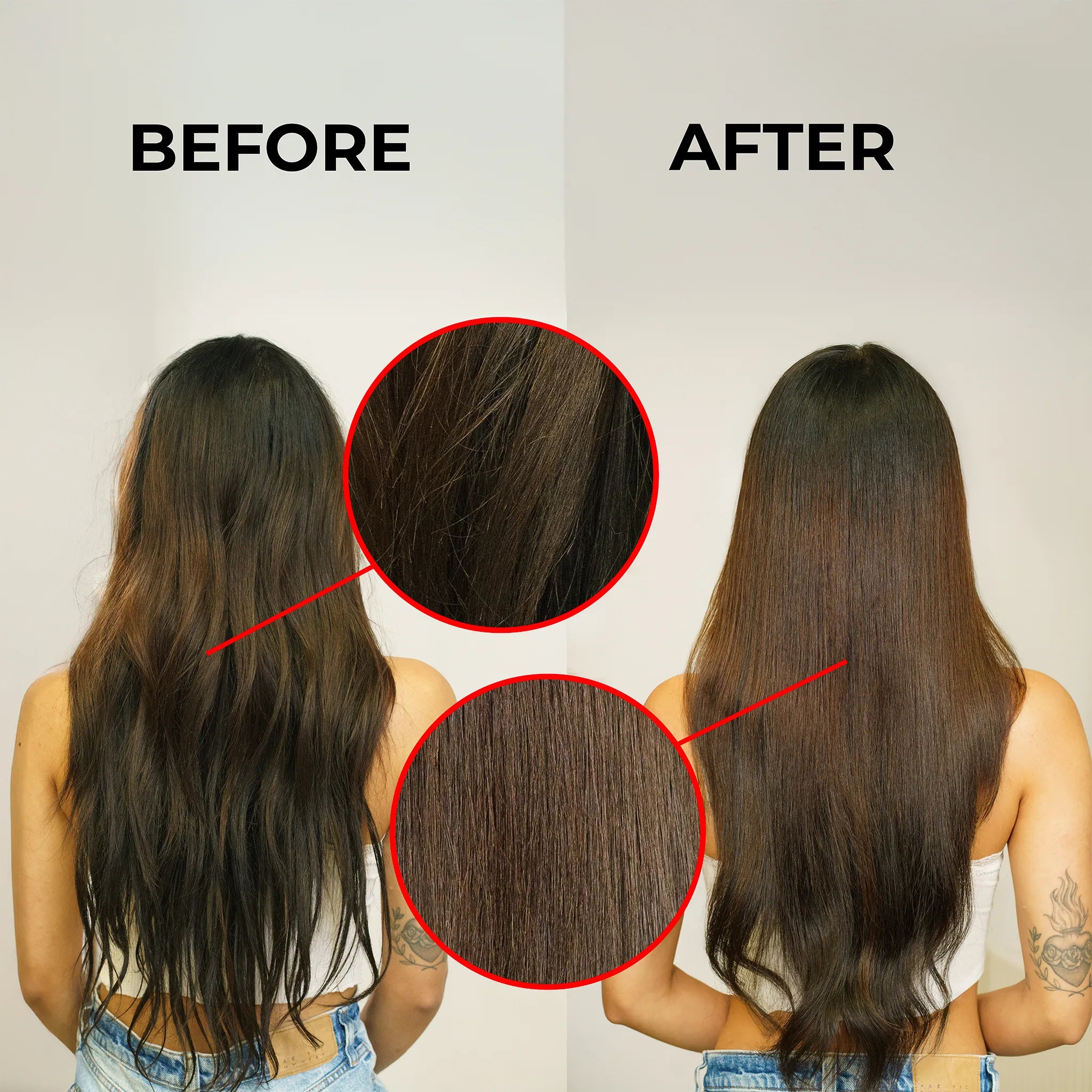 Before and after hair transformation on a beige backdrop