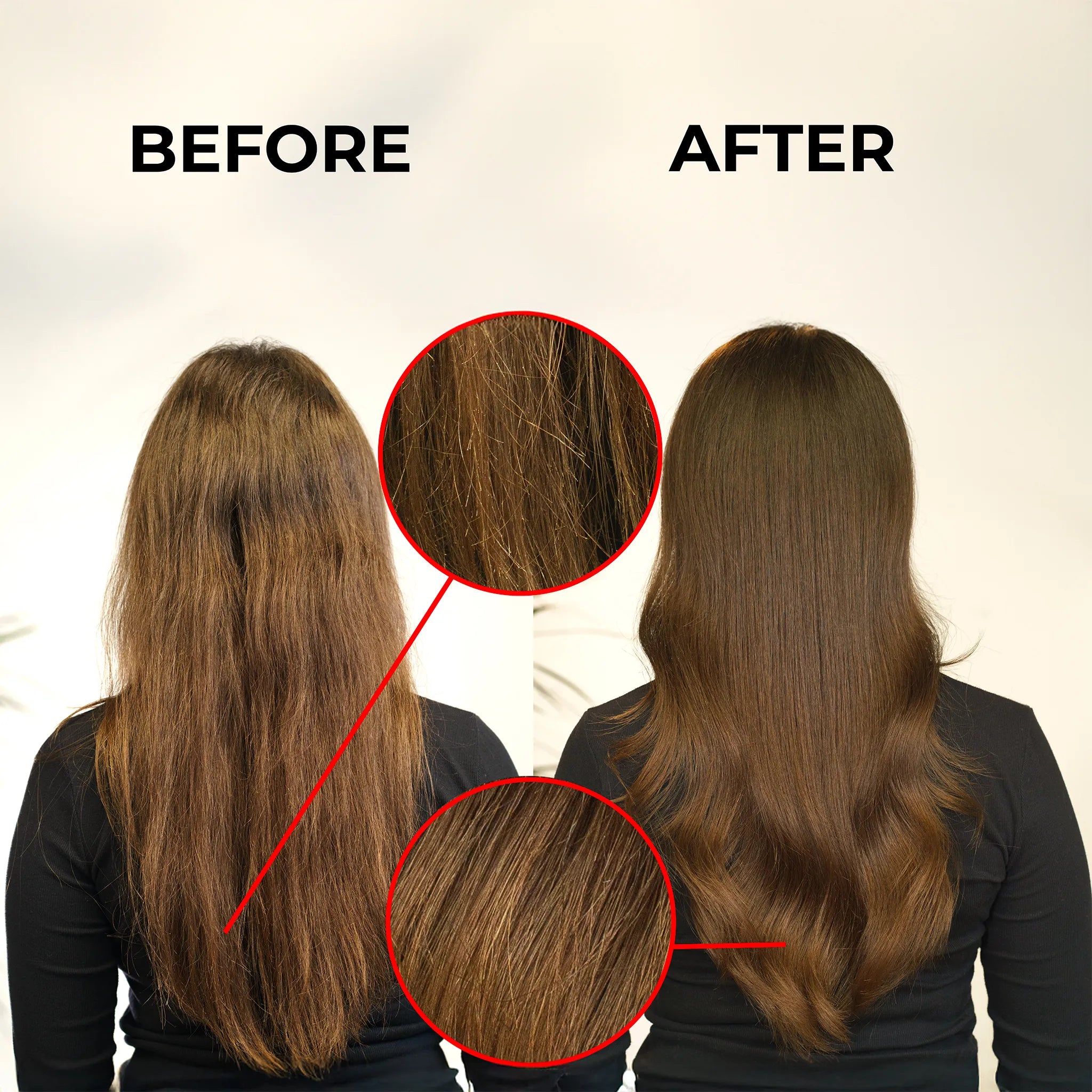 Before and after hair transformation on a beige backdrop