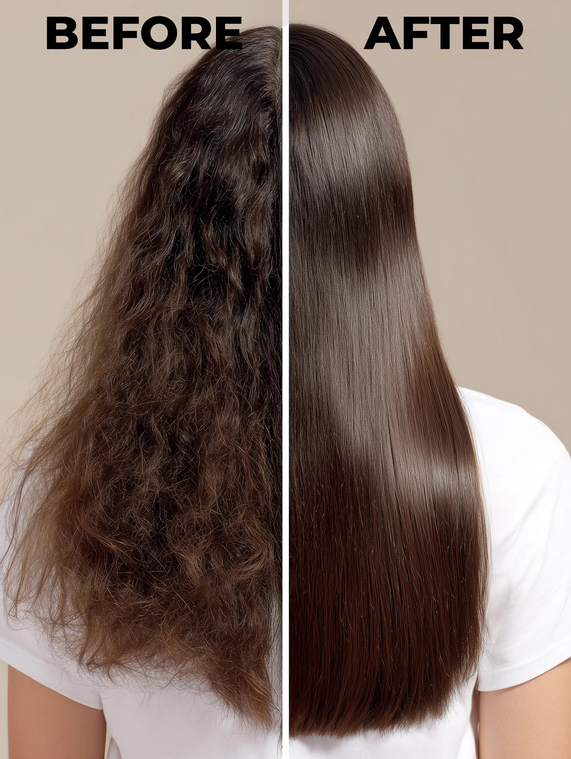 Before and after hair transformation on a beige backdrop