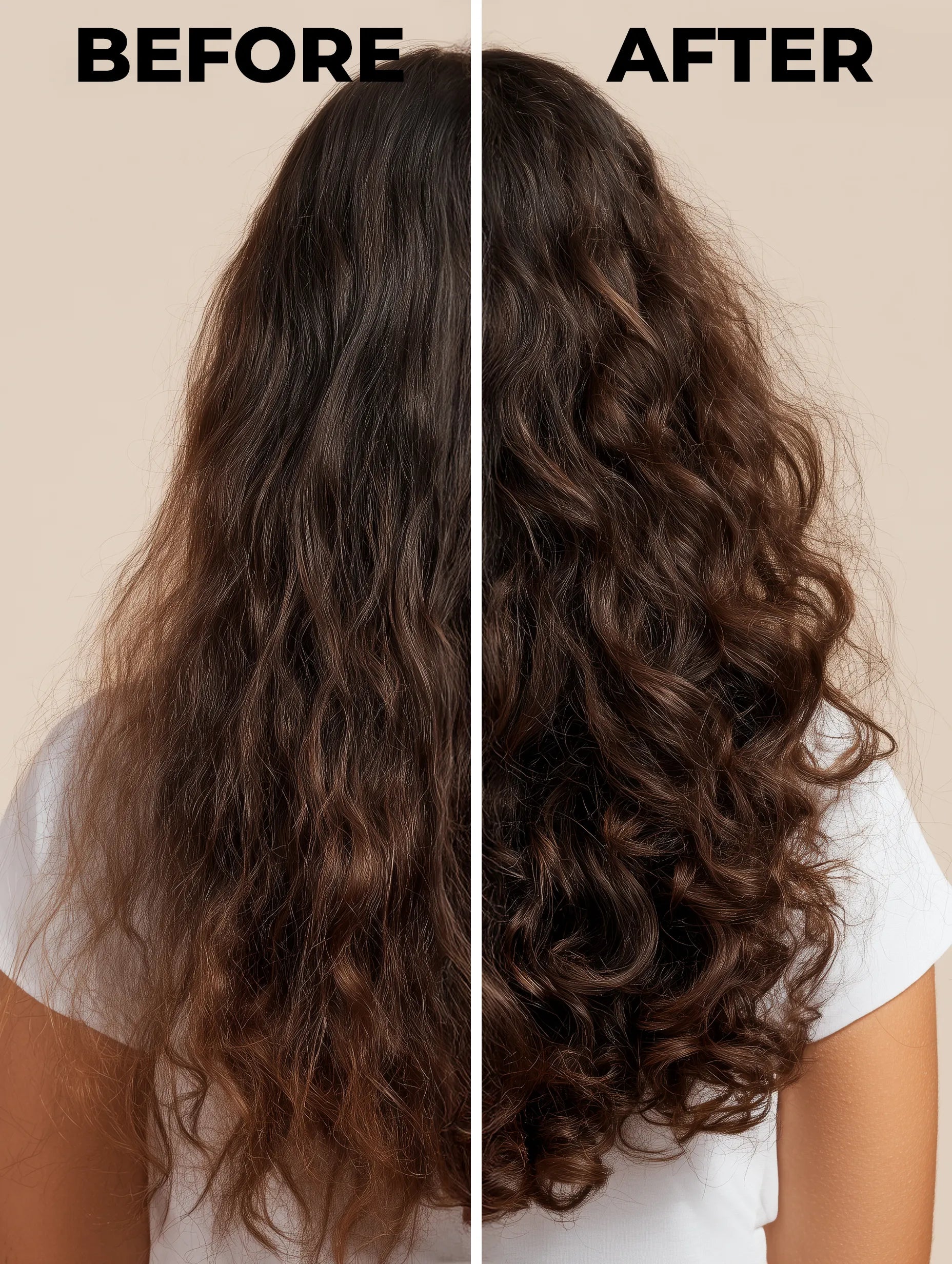 Before and after hair transformation on a beige backdrop