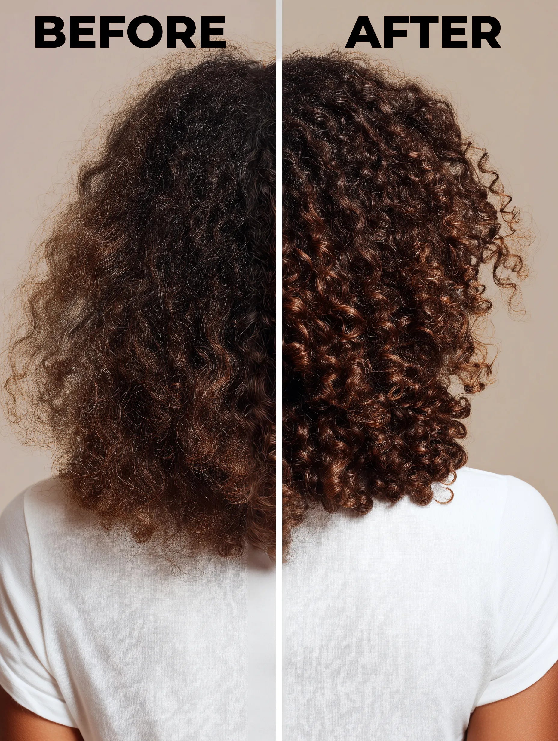 Before and after hair transformation on a beige backdrop