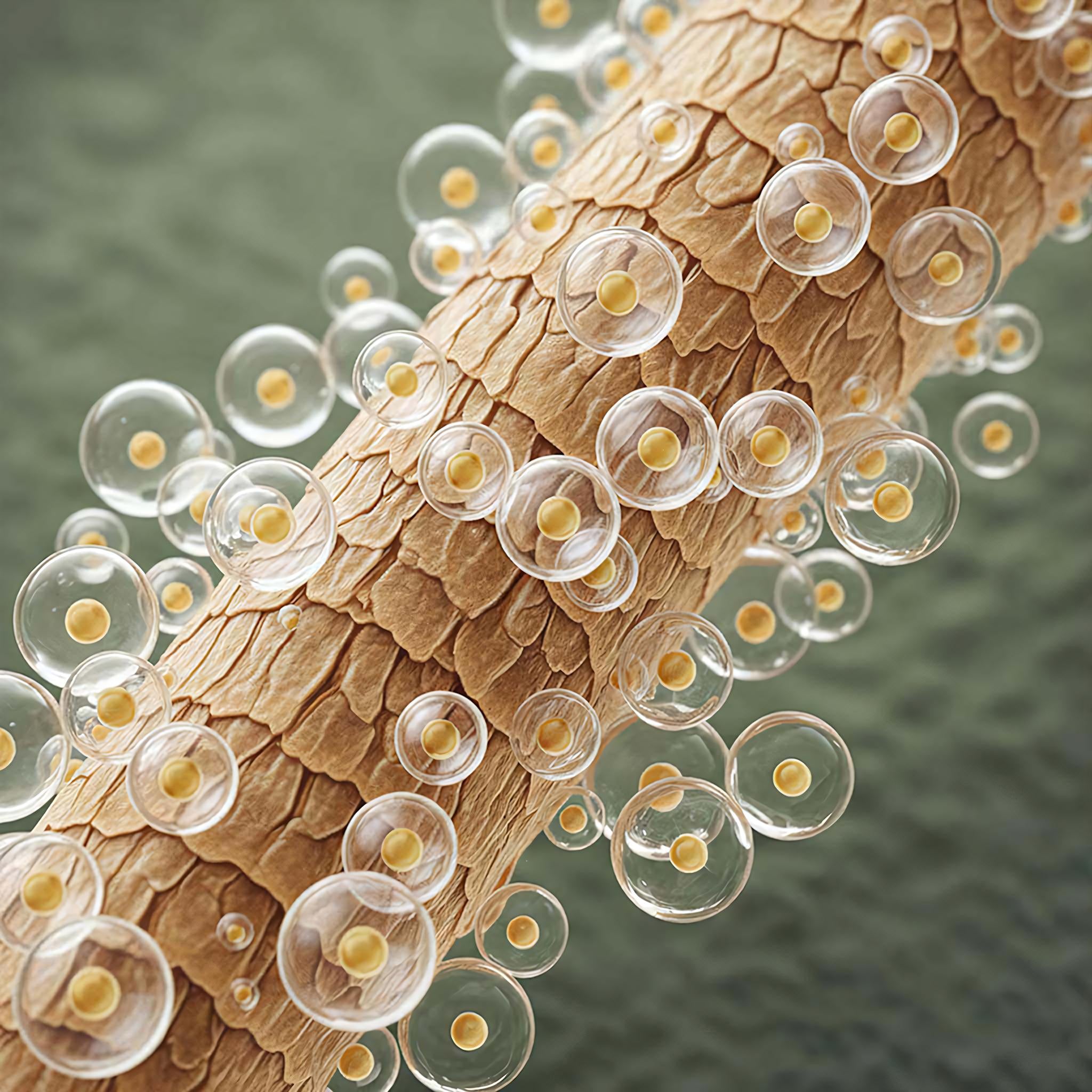 Close-up 3D visualization of damaged hair cuticle being repaired as active ingredients encapsulated in microbubbles bond to the hair shaft, illustrating Arove Beauty’s targeted haircare technology.