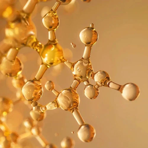 Golden molecular structure in 3D, symbolizing advanced haircare science and active ingredients used in Arove Beauty’s high-performance formulas.
