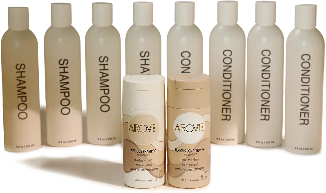 Comparison of AROVE Aerious shampoo and conditioner bottles versus traditional 8.5 oz shampoo and conditioner bottles, showing space-saving waterless formula