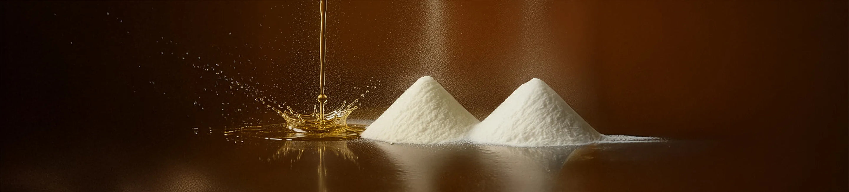 Close up of AROVE water activated powder formula pouring like sand beside the Signature Set bottles