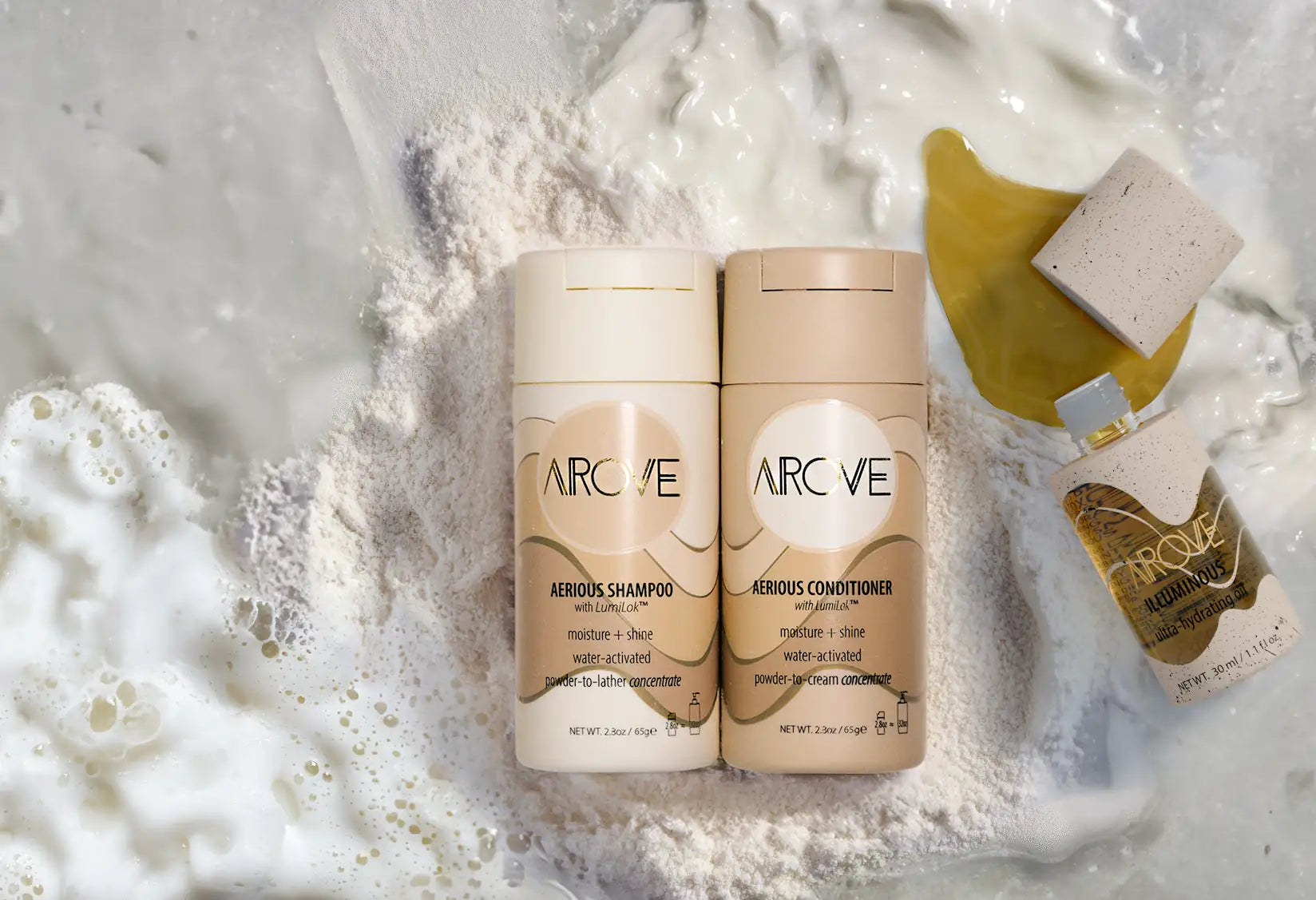 AROVE Illuminous Ultra-Hydrating Hair Oil in a sleek, stone-textured bottle— a clean, water-free formula with a silicone alternative for intense shine, hydration, and frizz control.