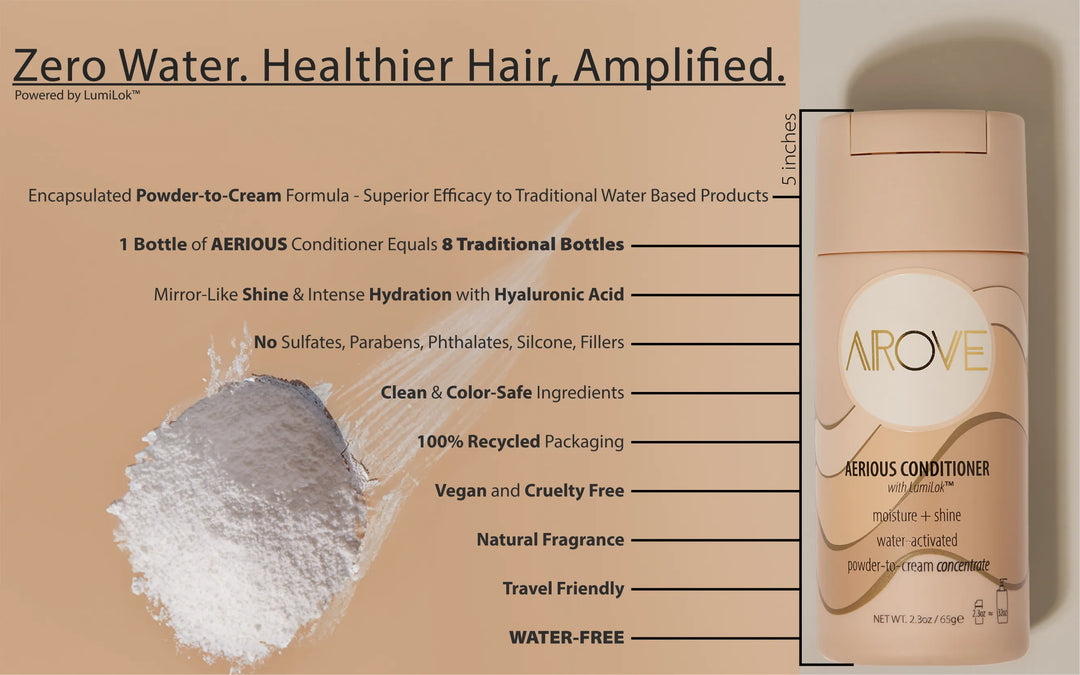 AROVE Aerious Conditioner – a powder-to-cream, water-activated formula that deeply hydrates, smooths, and nourishes hair with clean ingredients.