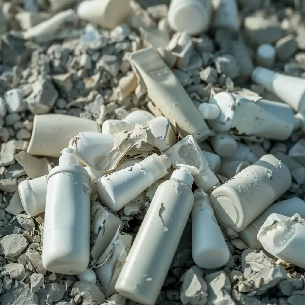 A visual representation of wasted product in traditional liquid shampoos and conditioners, showcasing AROVE’s sustainable powder-based, water-free alternative.