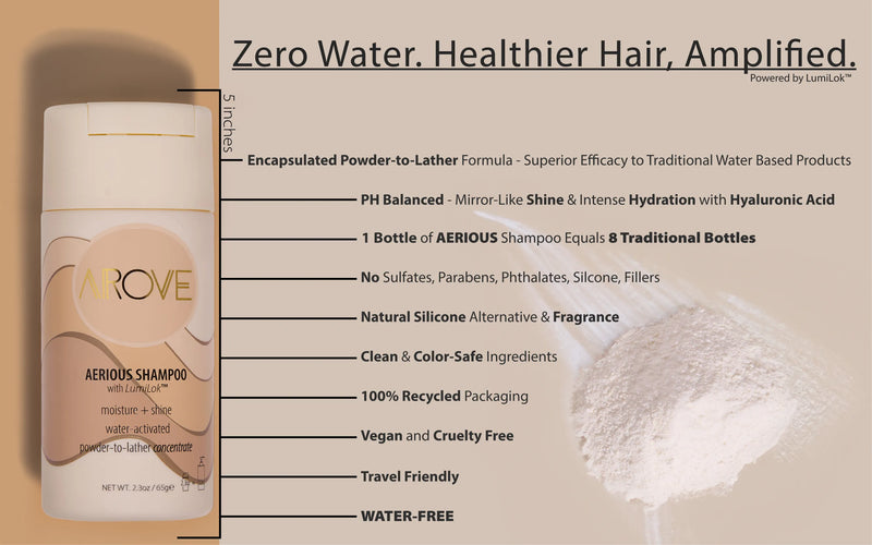 AROVE Aerious Shampoo – a water-free, powder-to-lather formula for deep hydration, scalp health, and sustainable haircare.