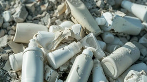 A powerful visual representation of plastic waste in traditional liquid shampoos, highlighting AROVE’s water-free, sustainable formula, in 100% recycled plastic bottles.