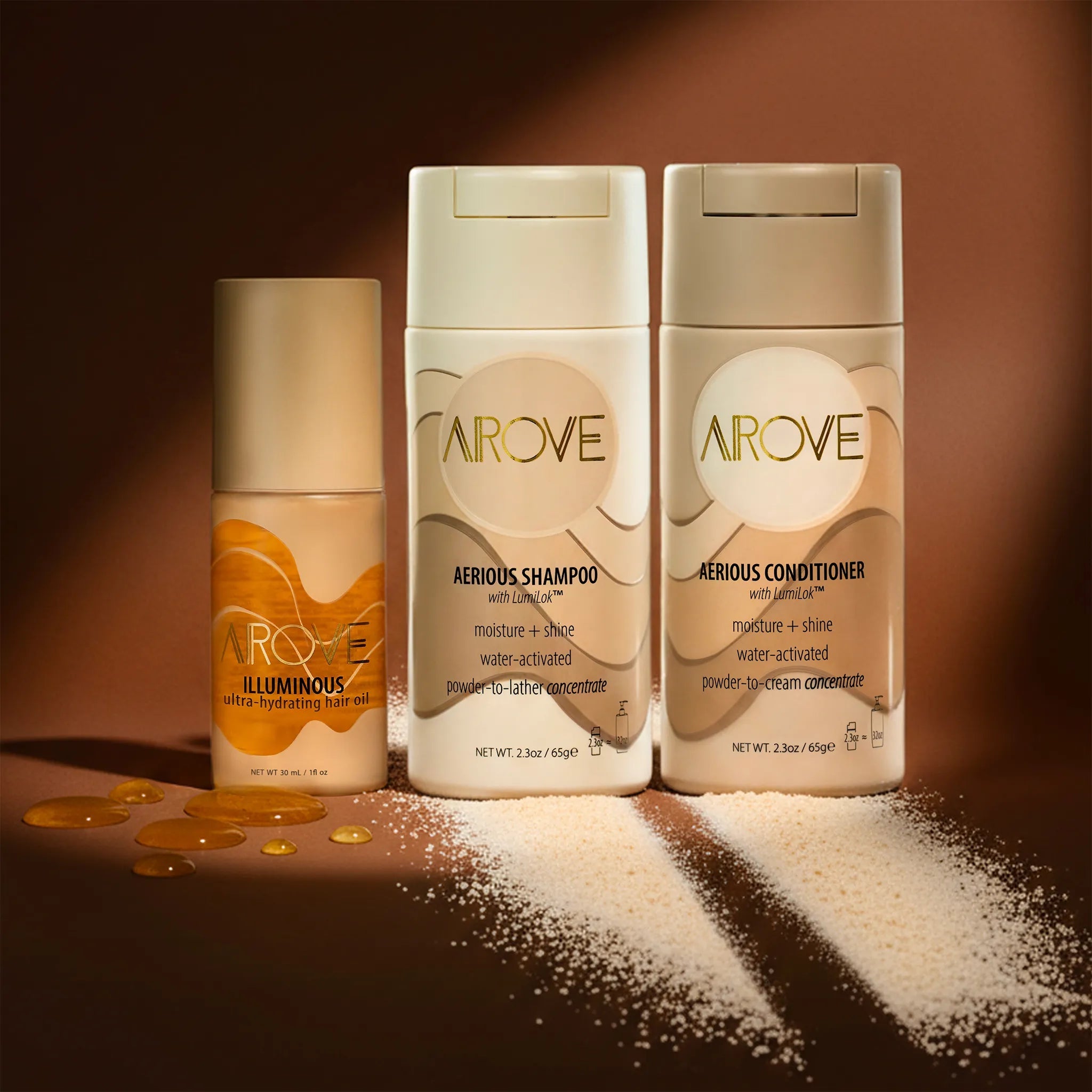 The Signature Set — Water - Activated Powder Shampoo, Conditioner & Hair Oil Leave - In Treatment - AROVE