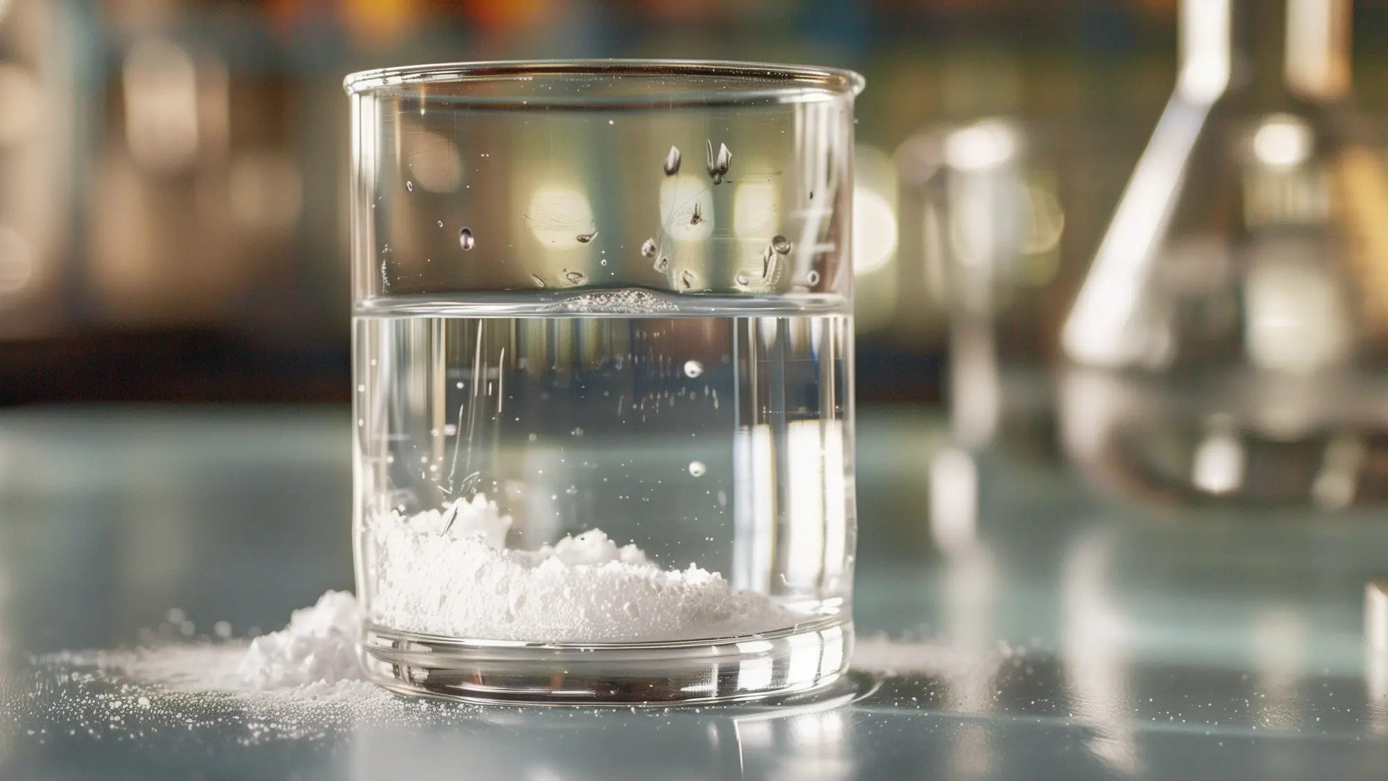 A clear beaker of water demonstrating AROVE’s commitment to waterless beauty innovation for more sustainable, eco-conscious haircare. A small amount of power is visible at the bottom, AROVE saves 100's of gallons of water a year.